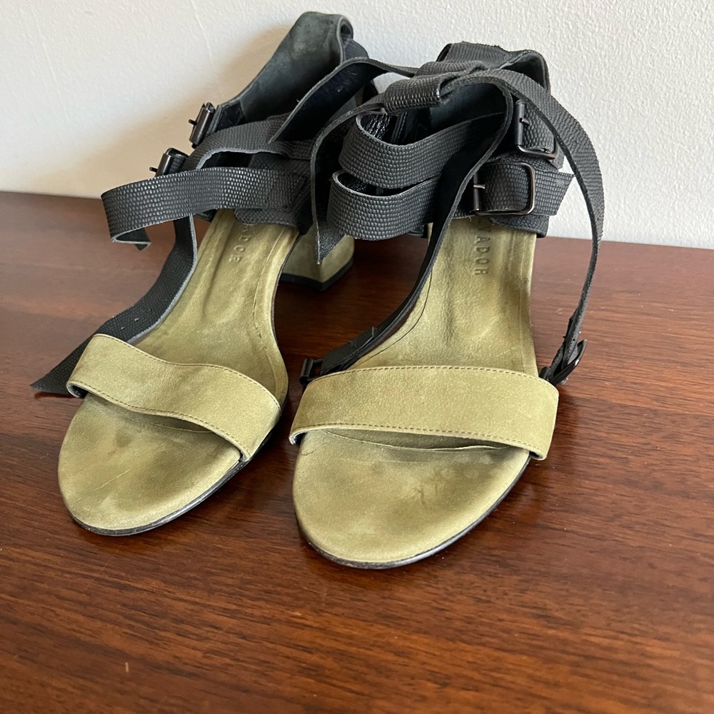 Freda Salvador Olive Suede + Black Strappy Sandals – Size 7.5